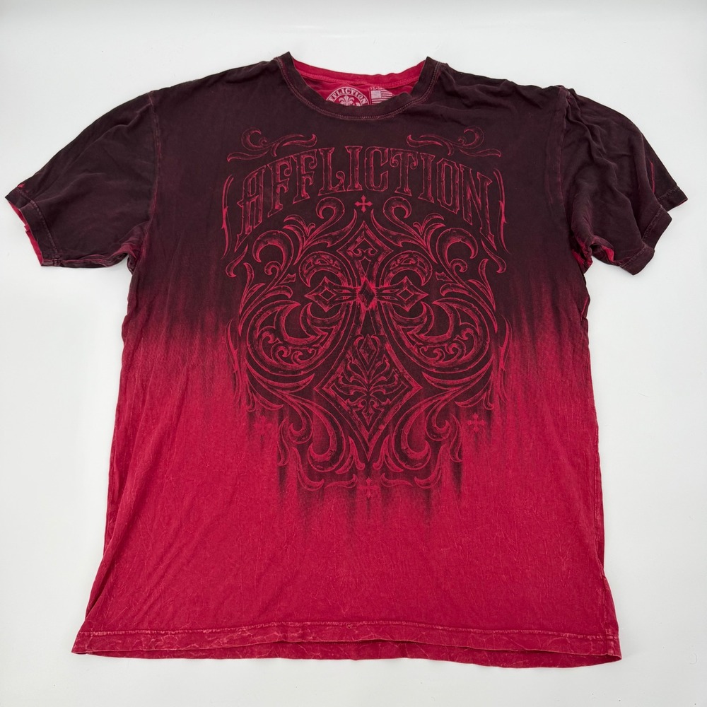 Affliction Mens Graphic T-Shirt Red Burgundy Dip Dye Ombre Gothic MMA Size 2XL